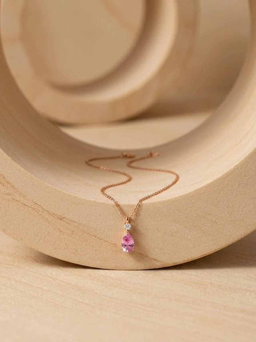 Pink pear drop necklace laid on a curved pale surface